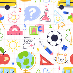 School seamless pattern with school supplies. Vector illustration background.