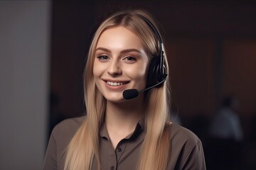 Poster - Attractive business woman Asian in suits and headsets are smiling while working with computer at office. Customer service assistant working in office. Generative Ai.