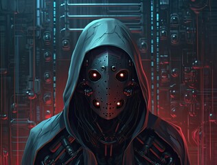 Sticker - Futuristic hacker with a Hood and Glowing Eyes - Generative AI