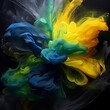 Explosión de humo de color amarillo y azul fundiéndose en verde. Arte abstracto. Generative AI.