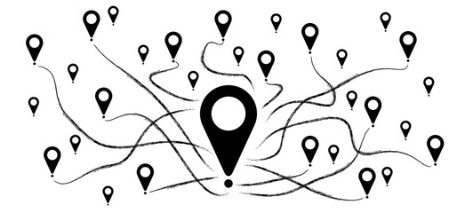 Wall Mural - Pointer or point trekking route. Marks, location martker icon. Pin between multiple points. Navigation and travel concept. Dotterd track, line pattern. Map, road, direction arrow. Pins points mark.