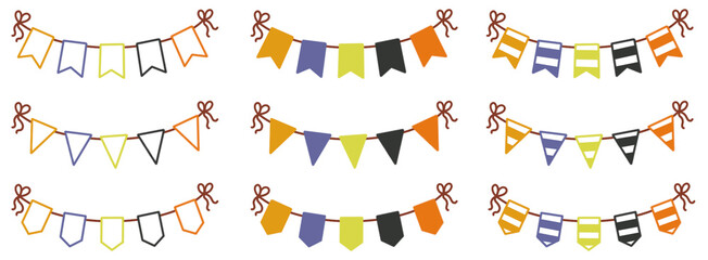 Happy birthday party flag bunting collection vector illustration set purple green black spooky colors fall autumn Halloween Samhain celebration greetings card icon design welcome sign