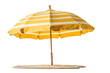 Open Yellow Striped Beach Umbrella. Isolated cutout with transparent PNG background. Generative AI.