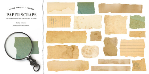 set / collection of vintage and antique stained ripped paper scraps or pieces isolated against a transparent background, ideal for digital collage designs or base for text, grungy design elements, PNG