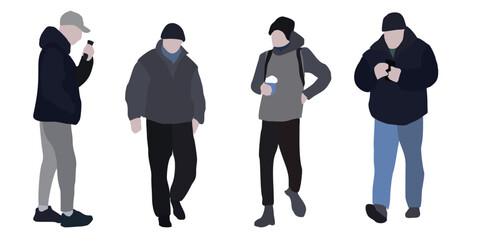 A man walks down the street in spring clothes. 2D image for use as an entourage. Vector flat city infographics.