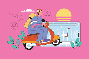 Aufkleber - Delivery food web concept with character scene. Courier rides motorbike and carrying order for client, tracking route map. People situation in flat design. Vector illustration for marketing material.