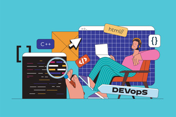 Programming and development web concept with character scene. Developer working with program languages, coding and testing. People situation in flat design. Vector illustration for marketing material.