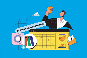 Aufkleber - Project management web concept with character scene. Manager schedules tasks and deadlines, brainstorms and using calendar. People situation in flat design. Vector illustration for marketing material.