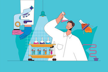 Poster - Science laboratory web concept with character scene. Scientist making chemical reaction in flasks and monitoring process. People situation in flat design. Vector illustration for marketing material.