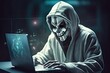 © PinkiePie - hacker stealing data . Anonymous robot hacker with skull mask typing computer laptop. Concept of hacking cybersecurity, cybercrime, cyberattack