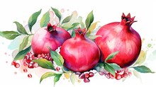 Watercolor Pomegranate With Leaves Isolated On White Background. Generative AI