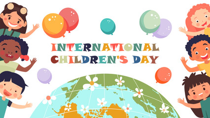 International Children's Day. Illustration of happy children, globe and balloons.