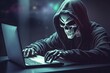 © PinkiePie - hacker stealing data . Anonymous robot hacker with skull mask typing computer laptop. Concept of hacking cybersecurity, cybercrime, cyberattack