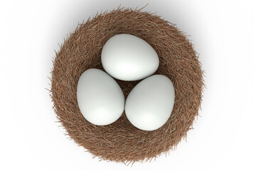 Wall Mural - Farm raw organic white sugar-coated eggs bird nest isolated on white background