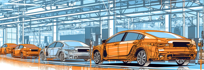 Wall Mural - robotic car production line in automotive factory, banner, made with Generative AI
