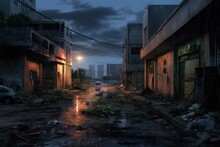 AI Generated Hyperrealism Dark Abandoned City Dirt Trash Everywhere Background