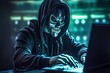 © PinkiePie - hacker stealing data . Anonymous robot hacker with skull mask typing computer laptop. Concept of hacking cybersecurity, cybercrime, cyberattack
