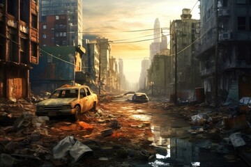 Poster - AI Generated Hyperrealism dark abandoned city dirt trash everywhere background