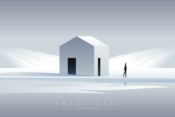 Wall Mural - Minimal futuristic landscape. Mountain background with a lonely figure in front of the portal. Sci-Fi poster. Abstract art wallpaper for web, prints, art decoration and applications. Vector
