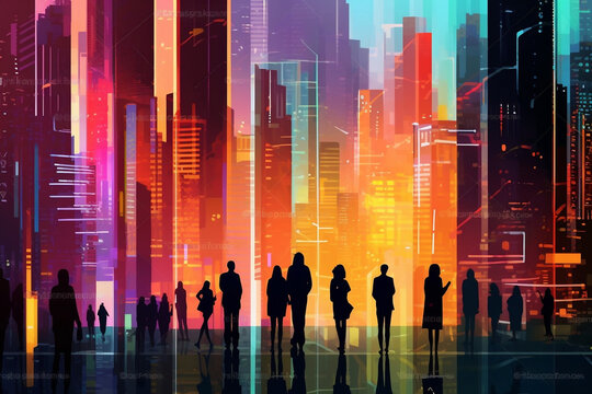 Digital Futuristic Cityscape: Vibrant Colors, Sharp Lines, Geometric Shapes with Silhouettes, generative AI