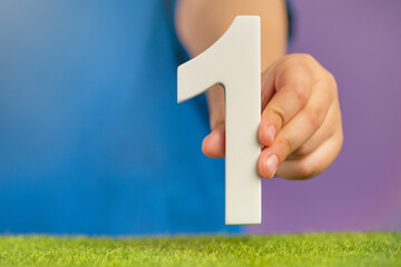 Aufkleber - Number 1 in hand. Hand holding white number one over green grass and purple background, birthday concept, first or winner, first of January, single protest, Canada Day.copy space.
