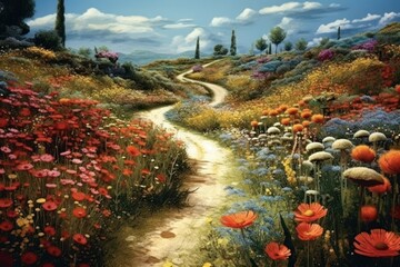 Wall Mural - AI Generated hyperrealistic A path full of flowers background