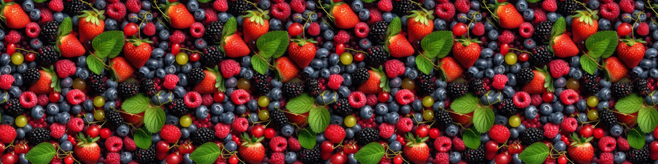 Wall Mural - Creative food summer berry fruit banner panorama wallpaper, seamless pattern texture - Top view of many fresh berries blueberries, raspberries, blackberries, strawberries and leaves  (Generative Ai)