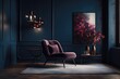 lounge area with a chair. Dark room with blue and navy vacant walls in the backdrop. Artwork mockup. Maroon and burgundy chair. Generative AI