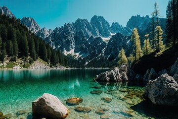 Poster - serene mountain lake surrounded by lush trees and rocky terrain. Generative AI