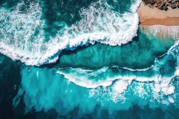Wall Mural - aerial view of ocean waves crashing against rocky shore. generative ai