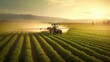 Leinwandbild Motiv A spring generation soybean field being sprayed with pesticides by tractor. (Generative AI)