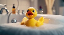 Yellow Duck Toy In The Bathtub. Generative AI