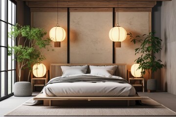 Poster - Japanese style bedroom with tatami mat flooring, plants, and decorative lamps on the wall. rednering. Generative AI