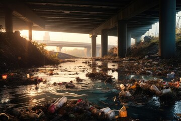 Wall Mural - AI Generated organic trash in the river under bridge background