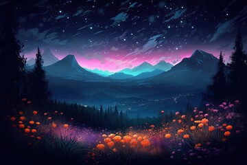 Wall Mural - a drawing depicting a nighttime landscape with mountains and flowers in it Generative AI