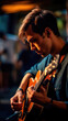 © keks20034 - An illustration of a musician playing guitar with a blurry environment, creating a musical atmosphere. Generative AI