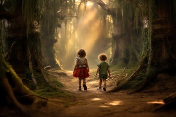 AI Generated two kids Feeling the magical atmosphere as they enter forest background