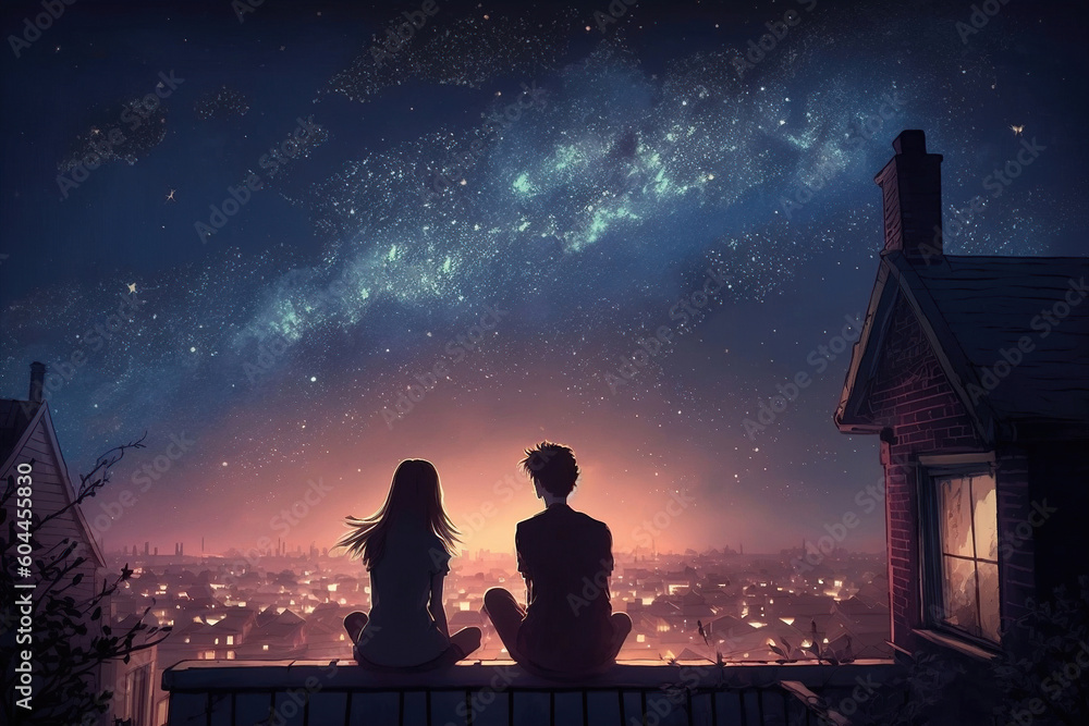 Young people in love looking at the night sky with stars and the Milky ...