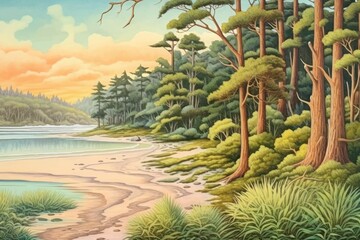 Wall Mural - AI Generated beach view with forest and river background