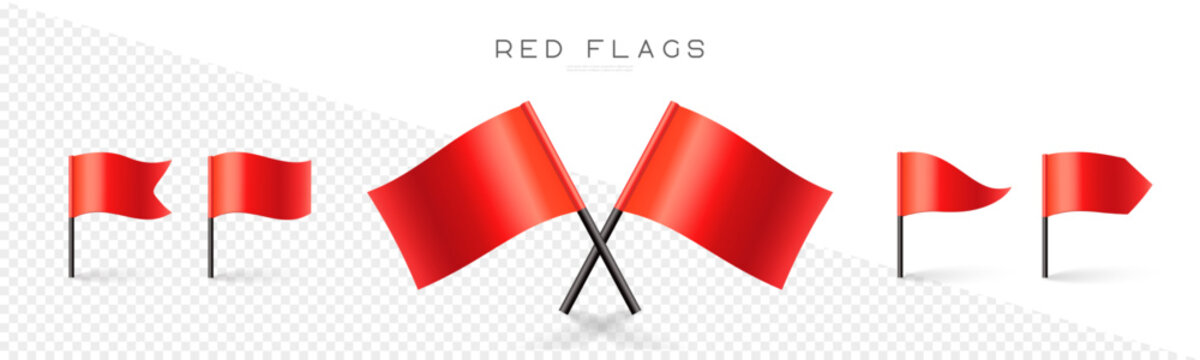 Red flag vector set. Map marks for gps point. Concept of pointer, tag and important sign. 3d icons collection isolated on transparent background