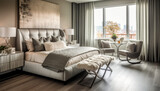 Fototapeta  - Luxury Comfortable Bedroom. Sleek and contemporary master bedroom with a neutral color palette.