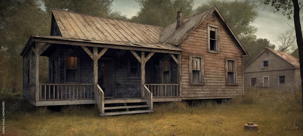 An old abandoned broken wooden house in the middle of the forest like a ...