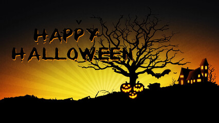 Wall Mural - Haunted House on the Hill Sunset features a yellow sunset with the silhouette of pumpkins, tree and a house with a bats flying through and happy Halloween text.