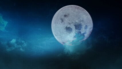 Wall Mural - howling full moon with rolling fog features a full moon hanging in the sky with moving clouds and ro