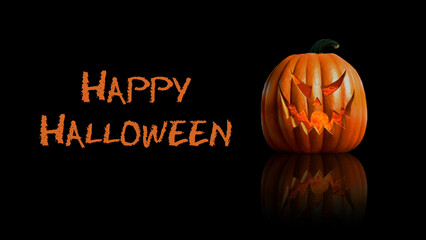 Wall Mural - Pumpkin Happy Halloween Black Reflective features a pumpkin with flames roiling inside and sitting on a reflective black surface with a Happy Halloween message.