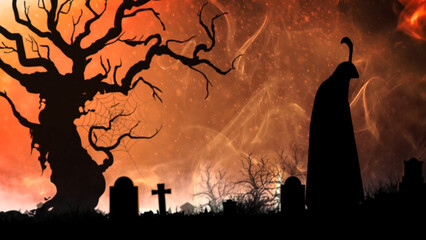 Wall Mural - haunting smoke with death features a silhouette of a graveyard with a dead tree and a grim reaper ty