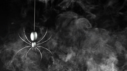Wall Mural - metallic spider swinging on web with smoke features a metallic spider swinging from a web and smoke 