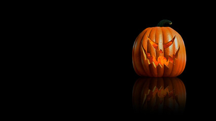 Wall Mural - Pumpkin with Flames on Reflective Black features a pumpkin with flames roiling inside and sitting on a reflective black surface.