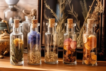 A group of bottles filled with different types of flowers