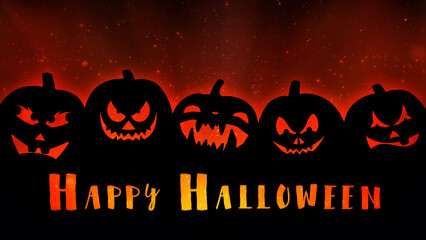 Wall Mural - Happy Halloween Jack O Lantern Silhouette 4K features the silhouette of five Jack O Lanterns with an orange particle background and Happy Halloween text.